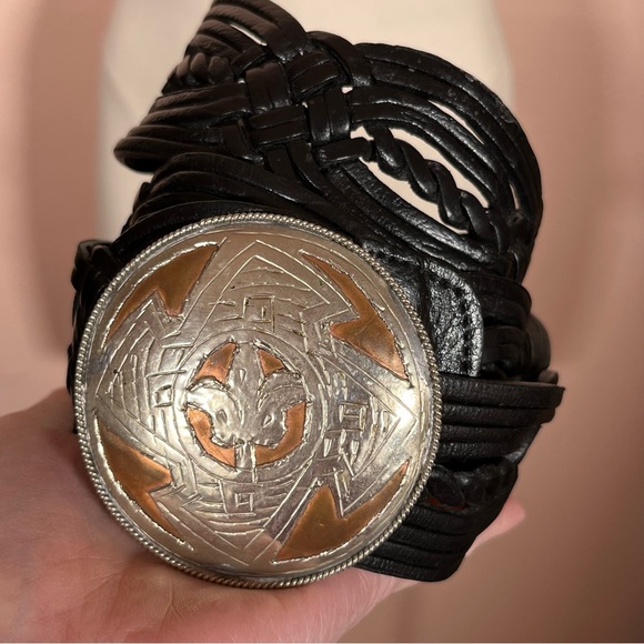 Vintage Bohemian Black Leather Wide Woven Southwestern Belt with Brass/Concho. main image 10